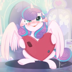 Size: 1080x1080 | Tagged: safe, artist:princessesmeraldaofficial, character:princess flurry heart, species:alicorn, species:pony, blushing, chest fluff, cute, female, floppy ears, flurrybetes, heart, heart pillow, looking up, mare, older, older flurry heart, pillow, signature, smiling, solo, weapons-grade cute