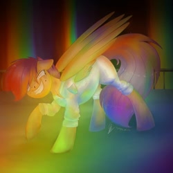 Size: 1080x1080 | Tagged: safe, artist:princessesmeraldaofficial, character:scootaloo, species:pegasus, species:pony, fanfic:rainbow factory, clothing, crying, female, lab coat, liquid rainbow, mare, role reversal, signature, smiling, solo, spectra