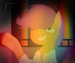 Size: 1080x914 | Tagged: safe, artist:princessesmeraldaofficial, character:scootaloo, species:pegasus, species:pony, fanfic:rainbow factory, bust, button, clothing, drugs, female, lab coat, liquid rainbow, mare, one eye closed, role reversal, signature, smiling, spectra, wink