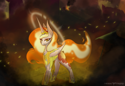 Size: 6262x4273 | Tagged: safe, artist:therealf1rebird, character:daybreaker, character:princess celestia, species:alicorn, species:pony, alternate universe, armor, canterlot, female, fire, halo, horn, looking at you, mane, mane of fire, solo