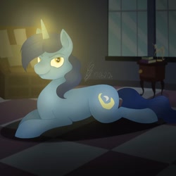 Size: 1080x1080 | Tagged: safe, artist:princessesmeraldaofficial, character:night light, species:pony, species:unicorn, glowing horn, horn, indoors, male, prone, signature, smiling, solo, stallion, table, window