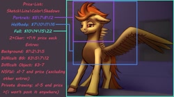 Size: 1280x719 | Tagged: safe, artist:aterhut, character:spitfire, species:pegasus, species:pony, advertisement, big wings, commission, female, looking at you, mare, price list, smiling, solo, spread wings, wings