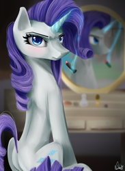 Size: 2200x3000 | Tagged: safe, artist:nixworld, character:rarity, angry, blue eyes, curly hair, diva, fancy, grumpy, lipstick, magic, makeup, mirror, purple hair, sitting, table, white coat