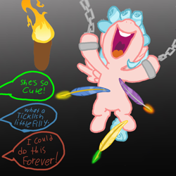 Size: 1080x1080 | Tagged: safe, artist:princessdestiny200i, character:cozy glow, species:pegasus, species:pony, bondage, chains, cozybetes, cute, feather, female, femsub, filly, fire, implied chrysalis, implied grogar, implied tirek, levitation, magic, offscreen character, open mouth, shackles, story included, subglow, submissive, telekinesis, tickle torture, tickling, torch, volumetric mouth