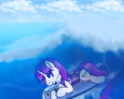 Size: 4096x3268 | Tagged: safe, artist:legionsunite, oc, oc:magenta pulse, species:pony, species:unicorn, beach, clothing, female, mare, one-piece swimsuit, solo, surfboard, surfing, swimsuit, water, wave