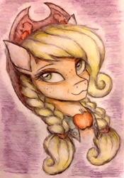 Size: 720x1030 | Tagged: safe, artist:omnisimon11, character:applejack, species:earth pony, species:pony, alternate hairstyle, apple, braid, bust, clothing, colored pencil drawing, cowboy hat, dress, female, food, gala dress, hat, mare, portrait, solo, traditional art