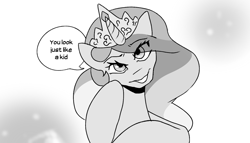 Size: 1400x800 | Tagged: safe, artist:suxt0hax, character:princess celestia, species:alicorn, species:pony, /mlp/, 4chan, crown, dialogue, drawthread, female, happy, head tilt, jewelry, looking at you, monochrome, ponified, regalia, smiling, solo, speech bubble