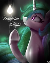 Size: 1600x2000 | Tagged: safe, artist:nixworld, character:princess celestia, species:alicorn, species:pony, commission, cover, cover art, curious, flowing mane, horn, lightbulb, purple eyes, stars, underhoof