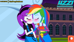 Size: 713x404 | Tagged: safe, artist:uzzi-ponydubberx, character:rainbow dash, oc, my little pony:equestria girls, bedroom eyes, blushing, canon x oc, canterlot high, clothing, eyes closed, fall formal outfits, female, fingerless gloves, gloves, holding hands, kissing, lesbian, patreon, patreon logo, shipping, sleeveless