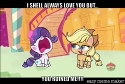 Size: 1104x745 | Tagged: safe, artist:titus16s, edit, edited screencap, screencap, character:applejack, character:rarity, species:earth pony, species:pony, species:unicorn, episode:princess probz, g4.5, my little pony: pony life, my little pony:pony life, spoiler:pony life s01e01, caption, clothing, cowboy hat, crying, duo, excessive exclamation marks, female, hat, image macro, mare, marshmelodrama, meme, misspelling, rarity being rarity, text, treehouse logo, unshorn fetlocks