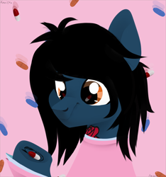 Size: 1500x1600 | Tagged: safe, artist:shiny-dust, species:earth pony, species:pony, bring me the horizon, bust, clothing, commission, equestria girls ponified, hoof hold, long sleeves, looking down, male, messy mane, oliver sykes, pills, pink background, ponified, shirt, short, simple background, stallion, tattoo, underhoof, undershirt, ych result