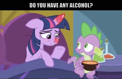 Size: 1532x994 | Tagged: safe, artist:titus16s, edit, edited screencap, screencap, character:spike, character:twilight sparkle, character:twilight sparkle (alicorn), species:alicorn, species:dragon, species:pony, episode:ail-icorn, spoiler:interseason shorts, bed, caption, duo, food, horn, image macro, meme, red nosed, sick, sicklight sparkle, soup, swollen horn, text, winged spike