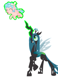 Size: 1536x2048 | Tagged: safe, artist:princessdestiny200i, character:cozy glow, character:queen chrysalis, species:pegasus, species:pony, cozybetes, cute, female, filly, freckles, glowing horn, grin, horn, levitation, magic, open mouth, raised hoof, simple background, smiling, telekinesis, tickle torture, tickling, white background