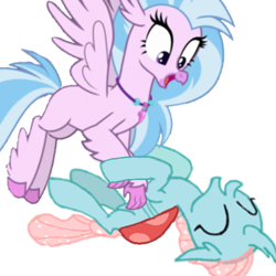 Size: 512x512 | Tagged: safe, artist:princessdestiny200i, character:ocellus, character:silverstream, species:changeling, species:hippogriff, ship:ocellustream, adorable face, cuddly, cute, cuteness overload, dawwww, diaocelles, diastreamies, eyes closed, female, giggling, happy, hnnng, huggable, laughing, lesbian, looking down, on back, open mouth, shipping, simple background, smiling, tickle torture, tickling, weapons-grade cute, white background