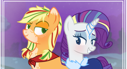 Size: 1552x846 | Tagged: safe, artist:bittersweethare, artist:kingbases, base used, character:applejack, character:rarity, species:earth pony, species:pony, species:unicorn, ship:rarijack, alternate hairstyle, bedroom eyes, blushing, cape, chest fluff, clothing, coat, eyeshadow, female, grin, horn, horn jewelry, jewelry, lesbian, looking at each other, makeup, mare, markings, pigtails, shipping, smiling, twintails