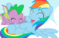 Size: 1080x696 | Tagged: safe, artist:princessdestiny200i, base used, character:rainbow dash, character:spike, species:dragon, species:pegasus, species:pony, ship:rainbowspike, blowing, cloud, cute, cuteness overload, eyes closed, female, laughing, lying down, male, on back, raspberry, shipping, straight, tickling, tongue out, tummy buzz