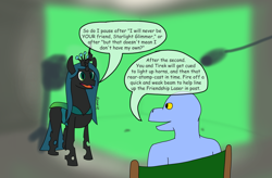 Size: 1728x1137 | Tagged: safe, artist:dzamie, character:queen chrysalis, oc, species:changeling, a better ending for chrysalis, animated actors, behind the scenes, boom mic, changeling queen, colored, digital art, duo, female, green screen, kobold, male, microphone
