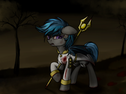 Size: 1332x1000 | Tagged: safe, artist:ktk's sky, oc, species:bat pony, blood, clothing, injured, male, red eyes, solo, tree, wand