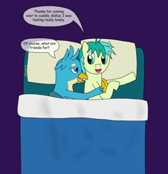 Size: 1454x1500 | Tagged: safe, artist:dzamie, character:gallus, character:sandbar, species:griffon, species:pony, newbie artist training grounds, ship:gallbar, bed, colored, cuddling, digital art, duo, gay, lying on bed, male, on bed, shipping