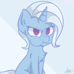 Size: 800x800 | Tagged: safe, artist:starmaster, character:trixie, species:pony, species:unicorn, angry, chest fluff, cute, diatrixes, ear fluff, female, grumpy, looking at you, madorable, mare, puffy cheeks, sitting, solo, trixie is not amused, unamused