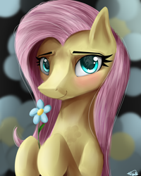 Size: 2000x2500 | Tagged: safe, artist:nixworld, character:fluttershy, species:pegasus, species:pony, abstract background, bust, cute, eye reflection, female, flower, hoof hold, long hair, looking at you, mare, portrait, reflection, smiling, smiling at you, solo, three quarter view
