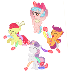 Size: 1080x1080 | Tagged: safe, artist:princessdestiny200i, character:apple bloom, character:cozy glow, character:scootaloo, character:sweetie belle, species:alicorn, species:earth pony, species:pegasus, species:pony, species:unicorn, accessory swap, adorabloom, alicornified, cozycorn, cute, cutealoo, cutie mark, cutie mark crusaders, diasweetes, eyes closed, feather, female, filly, flying, glowing horn, hoof tickling, horn, laughing, levitation, magic, open mouth, payback, race swap, revenge, simple background, story included, telekinesis, the cmc's cutie marks, tickle torture, tickling, white background