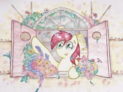 Size: 2737x2053 | Tagged: safe, artist:papersurgery, character:roseluck, species:earth pony, species:pony, female, flower, looking at you, mare, open mouth, solo, traditional art, watercolor painting, window