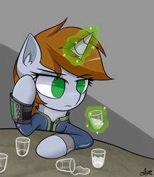 Size: 1300x1500 | Tagged: safe, artist:starmaster, oc, oc only, oc:littlepip, species:pony, species:unicorn, fallout equestria, alcohol, clothing, fanfic, fanfic art, female, glass, glowing horn, hoof on head, hooves, horn, levitation, magic, mare, no pupils, pipbuck, shot glass, solo, telekinesis, vault suit