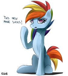 Size: 2250x2500 | Tagged: safe, artist:nixworld, character:rainbow dash, species:pegasus, species:pony, my little pony:pony life, alternate hairstyle, female, g4.5 to g4, meta, mouthpiece, simple background, sitting, solo, talking, white background