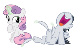 Size: 1080x696 | Tagged: safe, artist:princessdestiny200i, character:rumble, character:sweetie belle, species:pegasus, species:pony, species:unicorn, ship:rumbelle, colt, cute, diasweetes, feather, female, filly, glowing horn, grin, hoof tickling, horn, laughing, levitation, magic, male, open mouth, raised hoof, raised leg, rumblebetes, shipping, simple background, smiling, straight, sweetie belle's magic brings a great big smile, telekinesis, tickling, volumetric mouth, white background