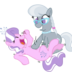 Size: 512x512 | Tagged: safe, artist:princessdestiny200i, artist:thedrksiren, base used, character:diamond tiara, character:silver spoon, species:earth pony, species:pony, cute, diamondbetes, female, filly, glasses, grin, jewelry, necklace, on back, open mouth, raised hoof, raised leg, silverbetes, sitting, smiling, tiara, tickle torture, tickling