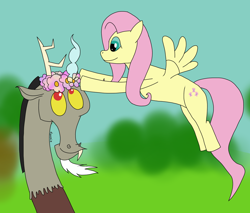 Size: 1684x1433 | Tagged: safe, artist:dzamie, character:discord, character:fluttershy, species:draconequus, species:pony, newbie artist training grounds, ship:discoshy, colored, cutie mark, digital art, female, floral head wreath, flower, flying, male, mare, shipping, straight