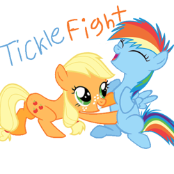 Size: 512x512 | Tagged: safe, artist:princessdestiny200i, character:applejack, character:rainbow dash, species:earth pony, species:pegasus, species:pony, cute, dashabetes, eyes closed, female, filly, filly applejack, filly rainbow dash, freckles, grin, jackabetes, laughing, open mouth, simple background, smiling, tickle fight, tickle torture, tickling, white background, younger