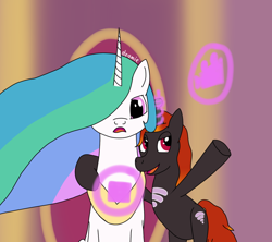 Size: 1180x1047 | Tagged: safe, artist:dzamie, character:princess celestia, species:alicorn, species:pony, species:unicorn, newbie artist training grounds, colored, crossover, digital art, duo, female, lady wifi, looking at you, magic, mare, miraculous ladybug, throne room
