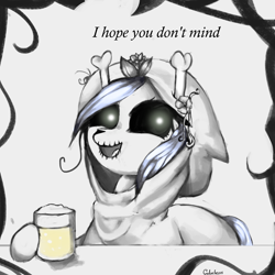 Size: 2000x2000 | Tagged: safe, artist:colochenni, character:skellinore, episode:the break up break down, alcohol, beer, bone, drawthread, flower, grayscale, hood, mari lwyd, monochrome, skeleton, skeleton pony, text, tradition