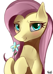 Size: 1500x2100 | Tagged: safe, artist:nixworld, character:fluttershy, species:pegasus, species:pony, bust, cellshaded, cute, eyelashes, female, flower, looking at you, mane, mare, signature, simple background, smiling, smiling at you, solo, white background