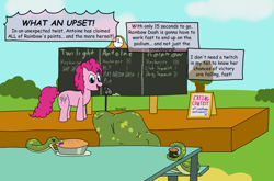 Size: 1731x1139 | Tagged: safe, artist:dzamie, character:pinkie pie, species:pony, newbie artist training grounds, antoine, chalkboard, colored, competition, digital art, female, implied rainbow dash, implied twilight sparkle, mare, oral vore, predation, reptile, snake, unwilling prey, vore