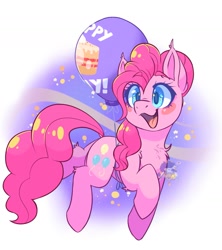 Size: 1635x1842 | Tagged: safe, artist:drawtheuniverse, character:pinkie pie, species:earth pony, species:pony, balloon, blush sticker, blushing, cake, chest fluff, colored pupils, cute, diapinkes, dock, ear fluff, female, floating, food, happy birthday, leg fluff, mare, open mouth, solo, then watch her balloons lift her up to the sky