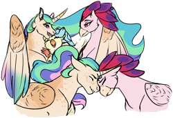 Size: 1280x878 | Tagged: safe, artist:minsona, character:princess celestia, character:princess skystar, character:queen novo, species:alicorn, species:hippogriff, species:pony, ship:novolestia, g4, my little pony: the movie (2017), female, lesbian, nuzzling, shipping, simple background, story included, transparent background