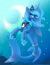 Size: 1000x1300 | Tagged: safe, artist:liquorice_sweet, character:princess luna, bubble, crown, female, flowing mane, hoof shoes, horn, jewelry, merpony, moon, night, open mouth, original species, regalia, shark, shark pony, sharkified, signature, smiling, solo, species swap, underwater, water