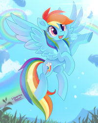 Size: 1000x1250 | Tagged: safe, artist:liquorice_sweet, character:rainbow dash, species:pegasus, species:pony, g4, blue sky, cute, dashabetes, female, flying, mare, open mouth, rainbow, signature, solo, spread wings, sun, wings