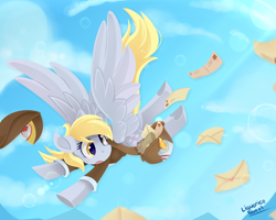 Size: 1250x1000 | Tagged: safe, artist:liquorice_sweet, character:derpy hooves, species:pegasus, species:pony, g4, blue sky, bubble, clothing, female, flying, mail, mailbag, mailmare, mailpony, mare, open mouth, signature, solo, spread wings, three quarter view, wings