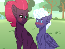Size: 1400x1050 | Tagged: safe, artist:the-mystery-of-doom, artist:themune, character:rolling thunder, character:tempest shadow, species:pegasus, species:pony, species:unicorn, bedroom eyes, blushing, broken horn, bush, eye scar, female, grass, horn, lesbian, mare, nervous, rollingtempest, scar, shipping, tree