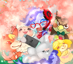 Size: 1396x1235 | Tagged: safe, artist:fluffire, oc, oc only, oc:cinnabyte, adorkable, animal crossing, bandana, blathers, cute, dork, gaming headset, glasses, headphones, headset, isabelle, nintendo switch, plushie, switch