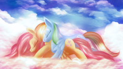 Size: 1920x1080 | Tagged: safe, artist:macalaniaa, character:fluttershy, character:rainbow dash, ship:flutterdash, female, lesbian, shipping