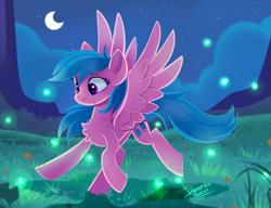 Size: 1300x1000 | Tagged: safe, artist:liquorice_sweet, character:firefly, species:pegasus, species:pony, g4, chest fluff, crescent moon, cute, female, firefly, grass, grass field, insect, mare, moon, night, signature, smiling, spread wings, three quarter view, wings