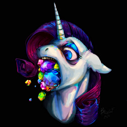 Size: 2000x2000 | Tagged: safe, artist:baccizoof, character:rarity, species:pony, species:unicorn, bags under eyes, black background, bust, eating, female, gem, gentlecolts, gentlemen, mare, simple background, solo