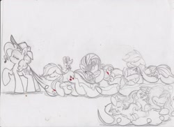 Size: 3501x2550 | Tagged: safe, artist:deihiru, character:applejack, character:fluttershy, character:pinkie pie, character:rainbow dash, character:rarity, character:spike, character:twilight sparkle, accessory swap, long tail, mane seven, sleeping, traditional art, wat