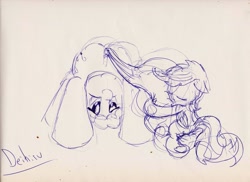 Size: 3501x2550 | Tagged: safe, artist:deihiru, character:pinkie pie, character:scootaloo, species:pegasus, species:pony, butt, female, filly, mare, monochrome, plot, traditional art
