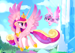 Size: 1750x1250 | Tagged: safe, artist:liquorice_sweet, character:princess cadance, character:princess flurry heart, species:alicorn, species:pony, baby, baby pony, chest fluff, crown, crystal, crystal empire, cute, cutedance, duo, female, filly, flurrybetes, flying, foal, jewelry, looking back, mare, mother and child, mother and daughter, open mouth, princess, regalia, smiling